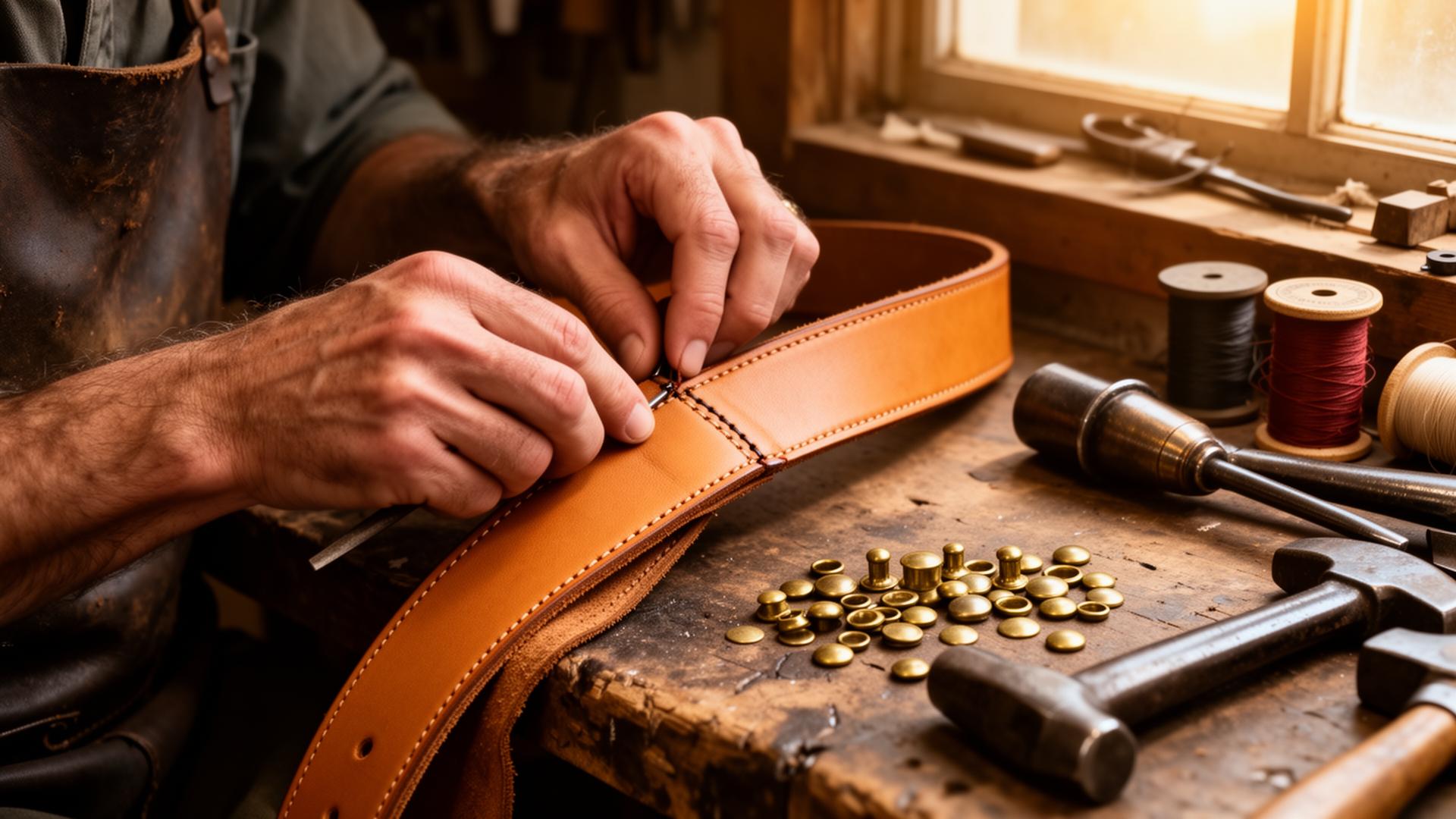 Leather craftsman hand-stitching a belt